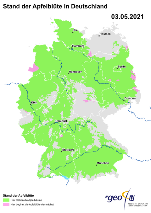 Landkarte der Ausbreitung der Apfelblüte am 3. Mai 2021