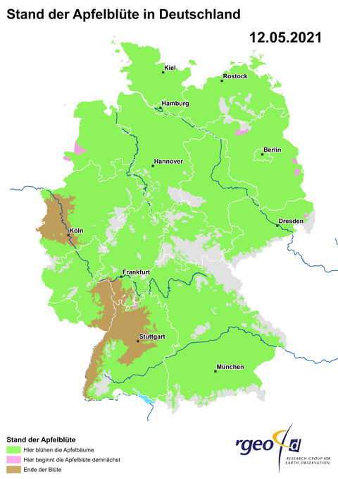 Landkarte der Ausbreitung der Apfelblüte in Deutschland am 12. Mai 2021