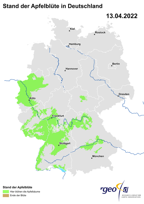 Aus den vorliegenden Daten berechnete Landkarte der Ausbreitung der Apfelblüte am 13. April 2022.