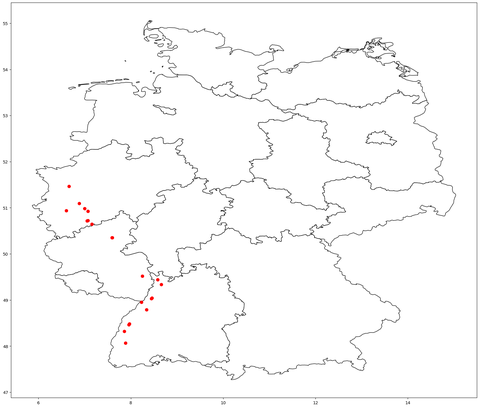 26. März: Die Landkarte jener Bäume, die bei der demnächst folgenden Berechnung der Ausdehnung der Apfelblütenzone ein besonders hohes Gewicht haben werden, weil ihr Blühzustand sehr sicher festgestellt werden konnte.