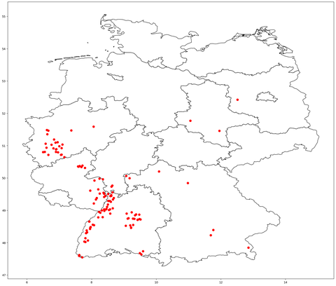 1. April: Landkarte jener Apfelbäume, deren Standort mit hoher Gewichtung in die Berechnung der nächsten Apfelblütenlandkarte eingehen wird.