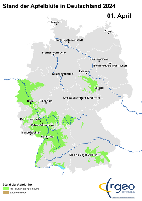 Apfelblüten-Landkarte vom 1. April 2024