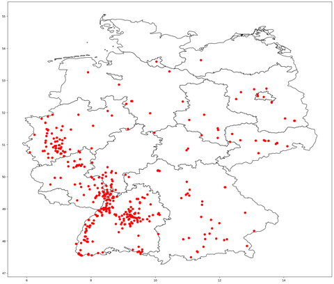 7. April: Landkarte jener Apfelbäume, deren Standort mit hoher Gewichtung in die Berechnung der nächsten Apfelblütenlandkarte eingehen wird.
