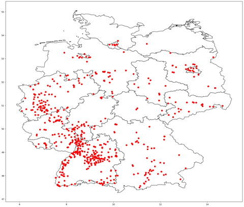 9. April: Landkarte jener Apfelbäume, deren Standort mit hoher Gewichtung in die Berechnung der nächsten Apfelblütenlandkarte eingehen wird.