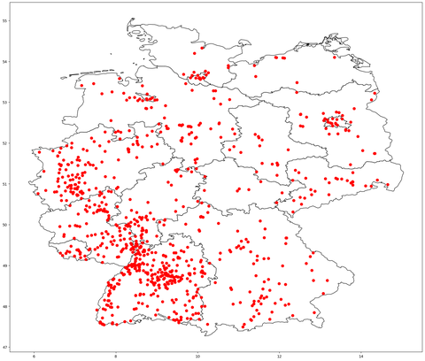 14. April: Landkarte jener Apfelbäume, deren Standort mit hoher Gewichtung in die Berechnung der nächsten Apfelblütenlandkarte eingehen wird.