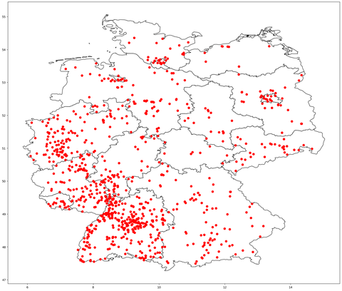 16. April: Landkarte jener Apfelbäume, deren Standort mit hoher Gewichtung in die Berechnung der nächsten Apfelblütenlandkarte eingehen wird.