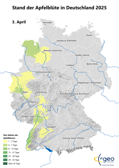 Landkarte der Ausbreitung der Apfelblüte in Deutschland am 3. April 2024