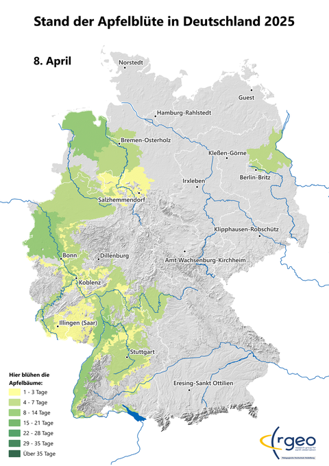 Auf Grundlage der eingegangenen Daten berechnete Landkarte der Ausbreitung der Apfelblüte in Deutschland am 8. April 2025