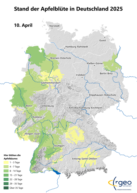 Landkarte der berechneten Ausbreitung der Apfelblüte in Deutschland am 10. April 2025