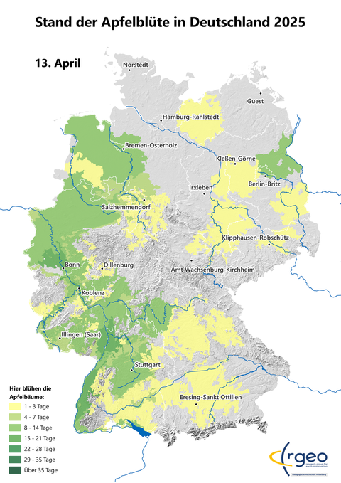 Landkarte der berechneten Ausbreitung der Apfelblüte in Deutschland am 13. April 2025