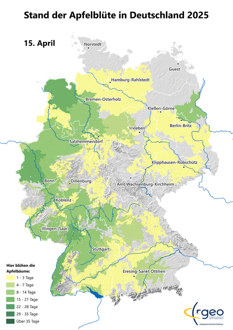 Landkarte der berechneten Ausbreitung der Apfelblüte in Deutschland am 15. April 2025