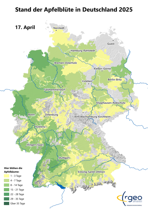 Landkarte der berechneten Ausbreitung der Apfelblüte in Deutschland am 17. April 2025