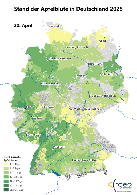 Landkarte der berechneten Ausbreitung der Apfelblüte in Deutschland am 20. April 2025