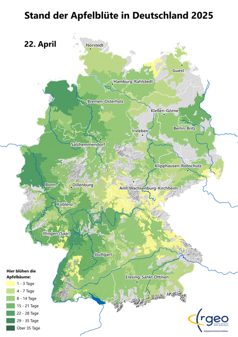 Landkarte der berechneten Ausbreitung der Apfelblüte in Deutschland am 22. April 2025