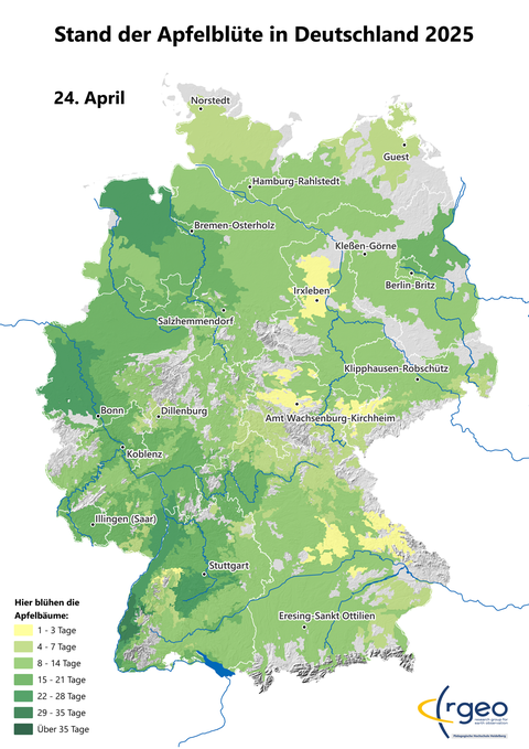 Landkarte der berechneten Ausbreitung der Apfelblüte in Deutschland am 24. April 2025
