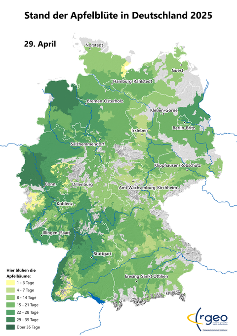Landkarte der berechneten Ausbreitung der Apfelblüte in Deutschland am 29. April 2025