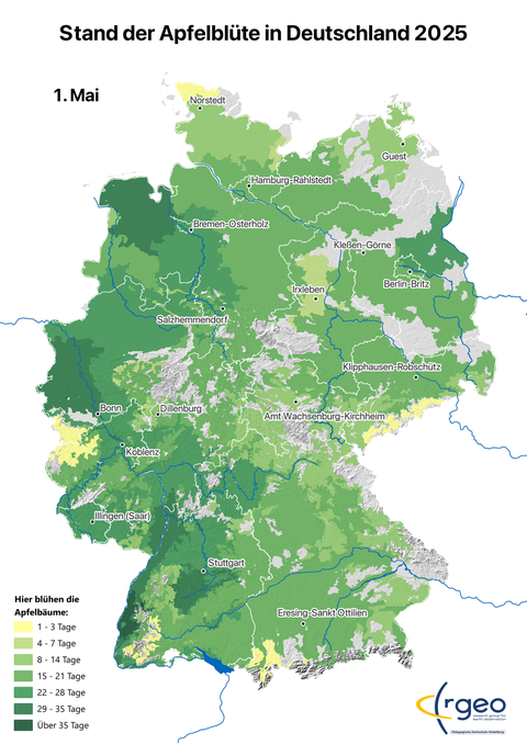 Landkarte der berechneten Ausbreitung der Apfelblüte in Deutschland am 1. Mai 2025