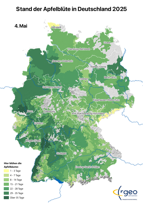 Landkarte der berechneten Ausbreitung der Apfelblüte in Deutschland am 4. Mai 2025