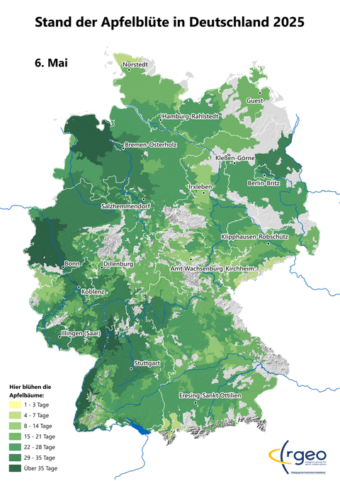 Landkarte der berechneten Ausbreitung der Apfelblüte in Deutschland vom 6. Mai 2025