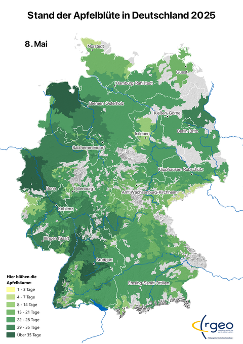 Landkarte der berechneten Ausbreitung der Apfelblüte in Deutschland am 8. Mai 2025
