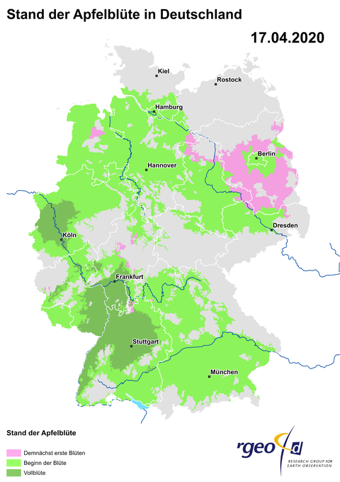 Landkarte der Ausbreitung der Apfelblüte am 17. April 2020