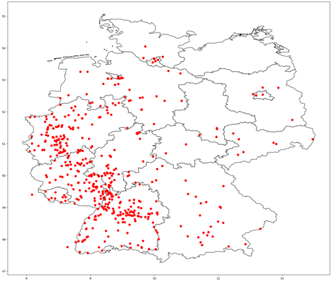 Landkarte der Standorte all der Apfelbäume, die bis zum Abend des 19. April bei der Apfelblütenaktion gemeldet wurden.