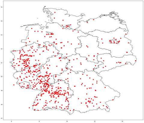 Landkarte der bis zum frühen Abend des 26. April bei der Apfelblütenaktion gemeldeten Apfelbäume.