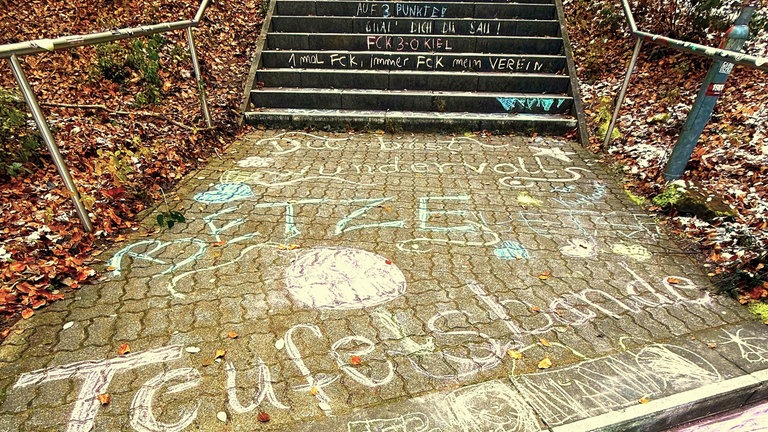 An der Betzetreppe in Kaiserslautern waren am Samstag etwa 60 fleißige Maler beteiligt. Die Treppe war nach der Aktion kreidebunt.
