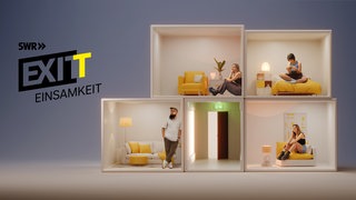 Rechts im Bild sind vier Räume aus Boxen dargestellt. In jedem Raum befindet sich eine Person alleine und von den anderen isoliert. Unten in der Mitte befindet sich ein Raum mit einer Tür, auf der Notausgang steht. 