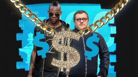 Bild-Montage mit Spielerberater Mino Raiola, Fußballer Mario Balotelli und Dollarzeichen