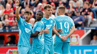 Die TSG Hoffenheim-Spieler jubeln nach einem Tor zusammen auf dem Rasen. 