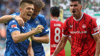 Links: Die KSC-Spieler Marvin Wanitzek und Philipp Förster. Rechts: Ivan Prtajin vom 1. FC Kaiserslautern, im Hintergrund Semih Sahin.