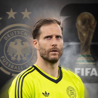 Fotomontage: das Logo des DFB sowie der WM-Pokal, dazwischen das Gesicht von Oliver Baumann (TSG Hoffenheim)