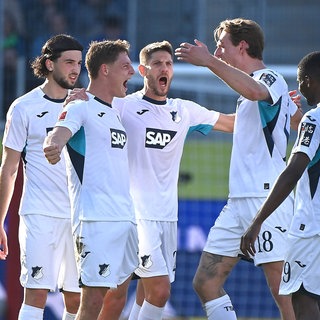 Mannschaft der TSG Hoffenheim bejubelt den 2:0-Treffer von Alexander Prass gegen Heidenheim