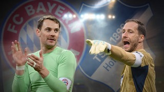 Collage: Manuel Neuer vor dem Logo des FC Bayern und Oliver Baumann vor dem Logo der TSG Hoffenheim