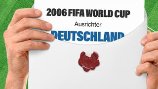 zwei Hände haölten einen Briefumschlag hoch vor einem Fußballfeld. Auf dem Papier, das aus dem Umschlag ragt steht "2006 FIFA World Cup Ausrichter Deutschland"