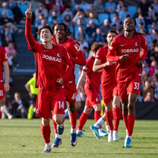 Freiburgs Fußballer bejubeln den Einzug ins Halbfinale der Europa League.