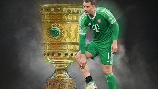 Collage mit dem DFB-Pokal und Manuel Neuer (Torhüter FC Bayern München)
