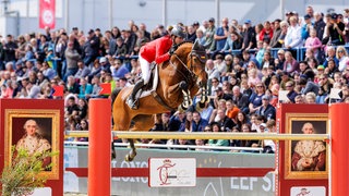 Springreiter Christian Kukuk auf Just be Gentle im Nationenpreis 2024 beim Mannheimer Maimarkt-Turnier. 