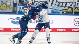 Maximilian Kastner (EHC Red Bull Muenchen) im Zweikampf mit Luke Esposito (Adler Mannheim) im Halbfinale der DEL-Playoffs.