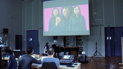 Proben im SWR Experimentalstudio zur UA von Andreas Eduardo Franks „Sensitive Punch“ mit der Pianistin Rei Nakamura