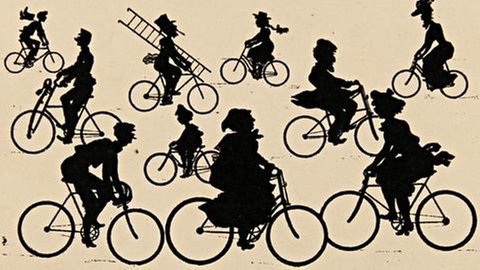 Scherenschnittpostkarte: Radfahrer um 1900
