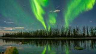 Ausgedehnte Nordlichter (Aurora Borealis) flackern über den Himmel von Palmer, Alaska