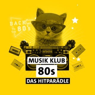Die Zeichnung eines Kätzchens mit Brille, Radio und Musikkassetten vor gelbem Hintergrund mit Schriftzug "Musik Klub 80s - Das Hitparädle"