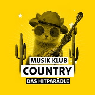 Die Zeichnung eines Kätzchens mit Brille vor gelbem Hintergrund mit Schriftzug "Musik Klub Country - Das Hitparädle"