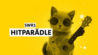 Die Zeichnung eines Kätzchens mit Brille und Gitarre vor gelbem Hintergrund mit Schriftzug "SWR1 Hitparädle" - Die kleine Hitparade zu den Musik Klubs Rock, Soul, Disco, 80s, Deutschland, Goldies, Country