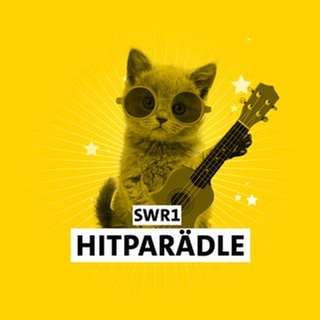 Die Zeichnung eines Kätzchens mit Brille und Gitarre vor gelbem Hintergrund mit Schriftzug "SWR1 Hitparädle" - Die kleine Hitparade zu den Musik Klubs Rock, Soul, Disco, 80s, Deutschland, Goldies, Country