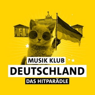 Die Zeichnung eines Kätzchens mit Brille, Brandenburger Tor und Deutschland-Flagge vor gelbem Hintergrund mit Schriftzug "Musik Klub Deutschland - Das Hitparädle"
