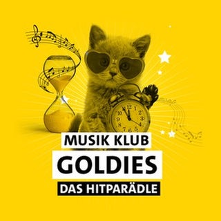 Die Zeichnung eines Kätzchens mit Brille, Sanduhr und Wecker vor gelbem Hintergrund mit Schriftzug "Musik Klub Goldies - Das Hitparädle"