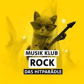Die Zeichnung eines Kätzchens mit Brille und Gitarre vor gelbem Hintergrund mit Schriftzug "Musik Klub Rock - Das Hitparädle"